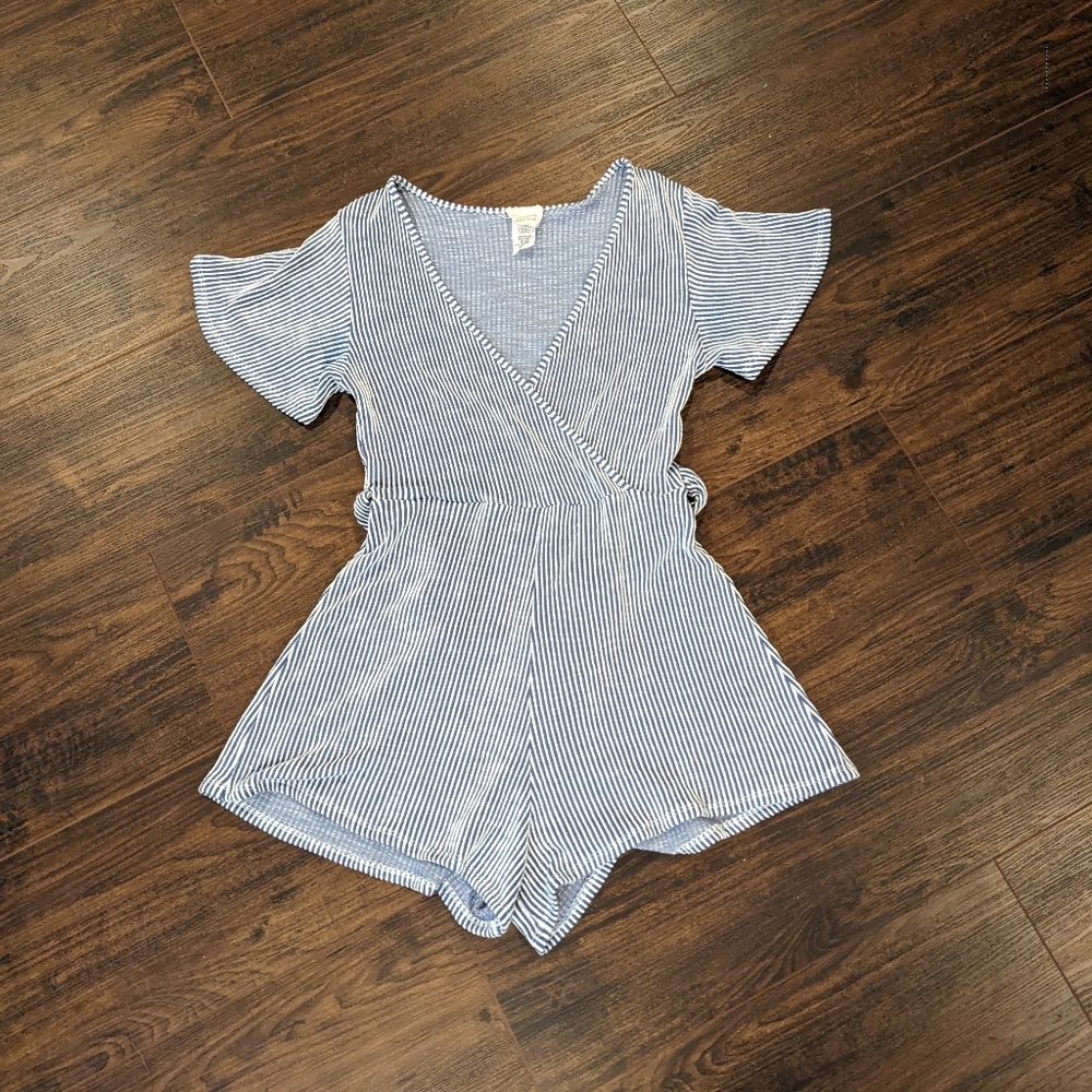 Medium White and Blue Striped Shorts Romper